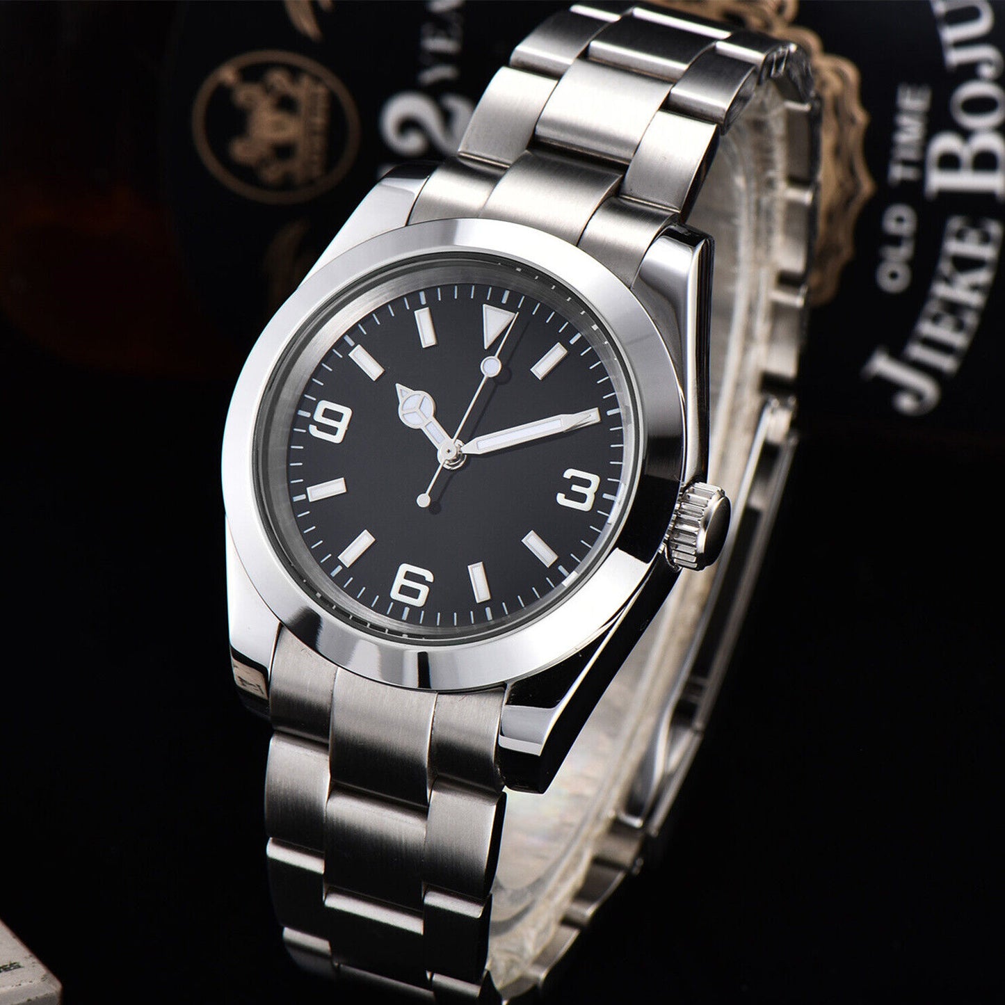 Montre-bracelet pour homme 316L 40 mm, verre saphir, étanche, cadran noir, aiguilles argentées