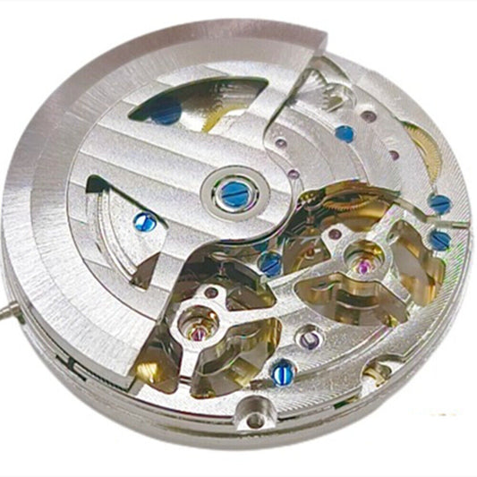 Silver hollow automatic mechanical watch with double balance wheel, featuring precise movement by China Made brand.
