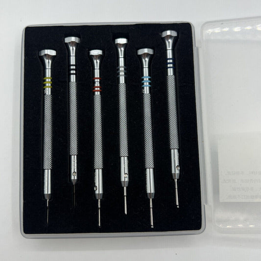 Stainless steel watch bracelet adjusting tool with 6 size options for precise watch band repairs.