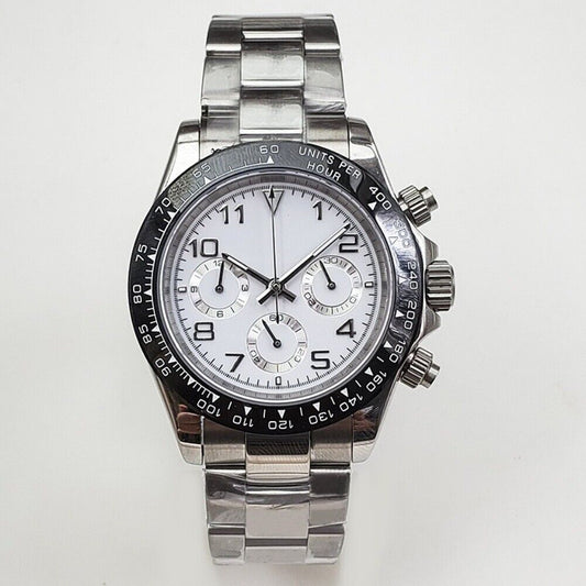 39mm Sapphire Glass VK63 Chronograph Quartz Watch with white dial and numeral disk