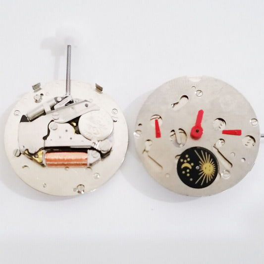 Multifunctional watch movement with moon phase at 6 and small seconds at 3, 6, 9 ? China made precision.
