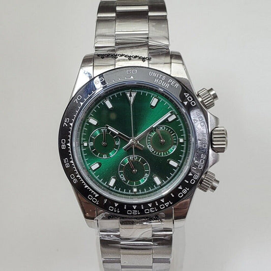 39mm stainless steel VK63 chronograph watch with green dial and sapphire glass, durable and stylish.