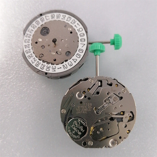 Japan-made Miyota FS26 chronograph quartz watch movement with date display at 4:30, reliable precision by Miyota.