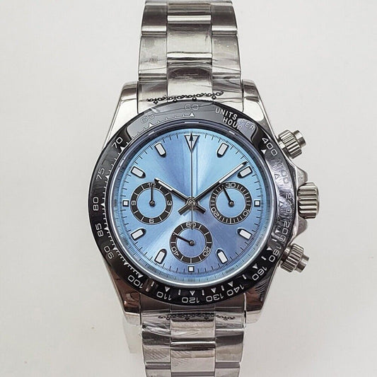 39mm stainless steel VK63 chronograph watch with blue dial and sapphire glass.
