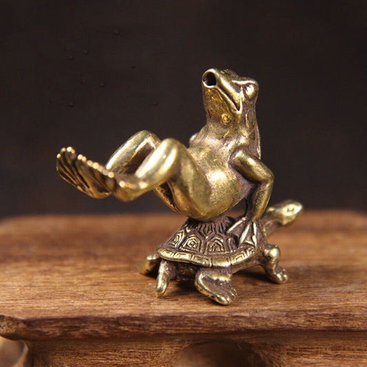Hand-carved solid copper frog trinket with turtle-backed design, detailed bronze figurine.