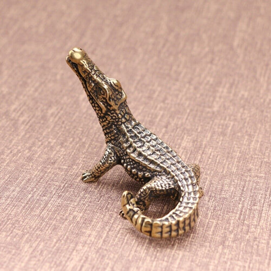 Hand-carved solid copper crocodile figurine, bronze finish, detailed trinket