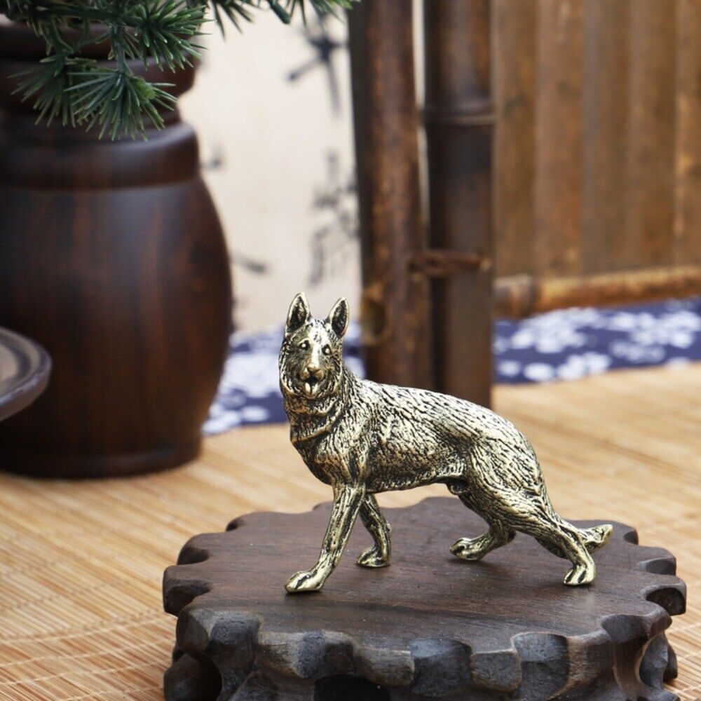 Hand-carved solid copper wolf dog figurine, detailed bronze trinket for collectors and decor
