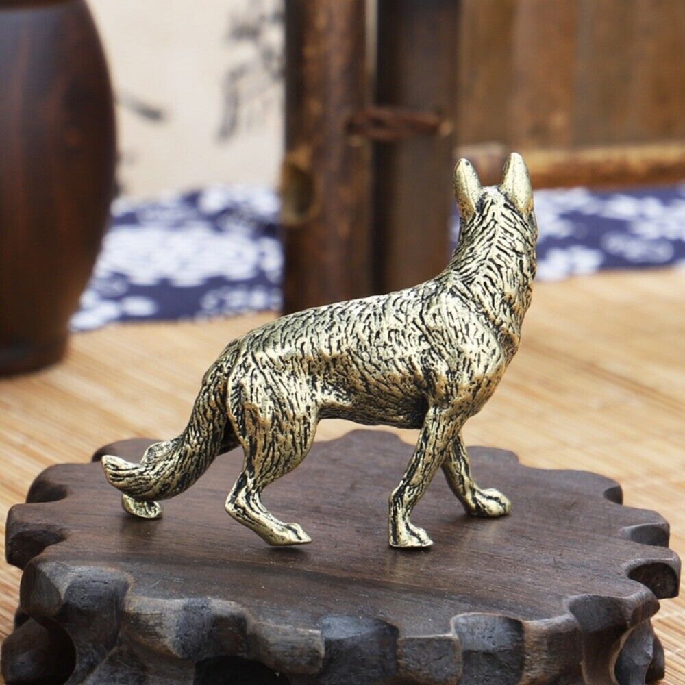 Hand-carved solid copper wolf dog figurine, detailed bronze trinket for collectors and decor.