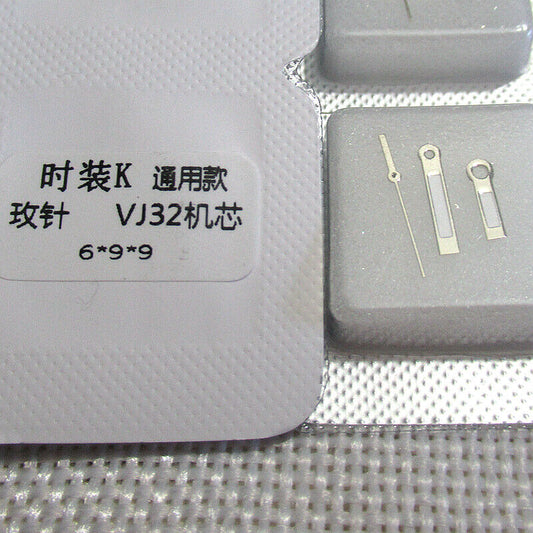 Silver and rose gold luminous watch hands with green accents for Epson VJ32, stylish precision brand enhancement.