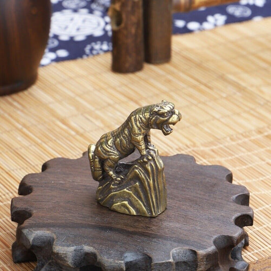 Hand-carved solid copper tiger trinket, vintage bronze model figurine accessory.