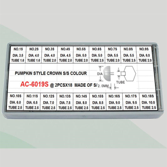 36pcs stainless steel watch crowns in 18 sizes, silver pumpkin style for precise watch repair.