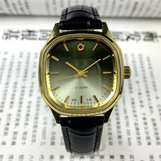 33mm Shanghai watch with golden nails, gradient green dial, manual mechanical movement, 17 jewels.