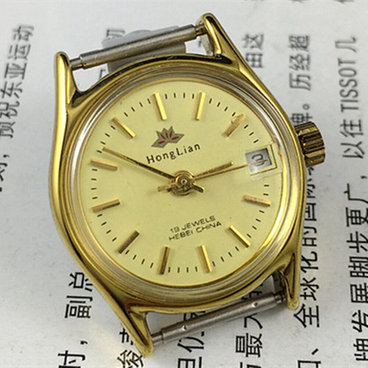 HONGLIAN manual mechanical lady watch with yellow dial, round case, single calendar for elegant style.