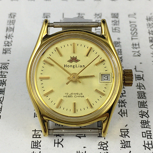 HONGLIAN manual mechanical lady watch with yellow dial, round case, single calendar for elegant style.
