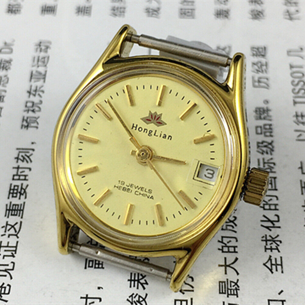 HONGLIAN manual mechanical lady watch with yellow dial, round case, and single calendar for elegant everyday wear.
