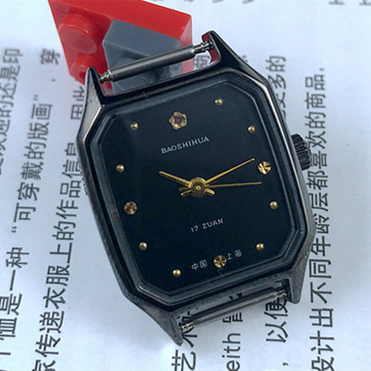 28mm Shanghai manual mechanical lady watch with black dial and square black case, 17 jewels craftsmanship.