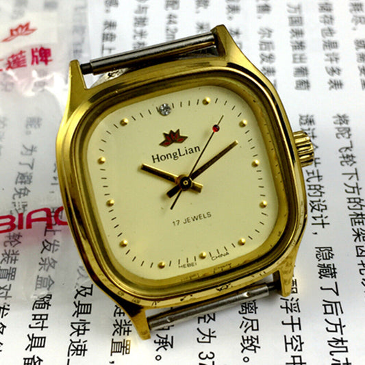 HONGLIAN 33mm manual mechanical watch with yellow dial, golden nail markers, and square golden case