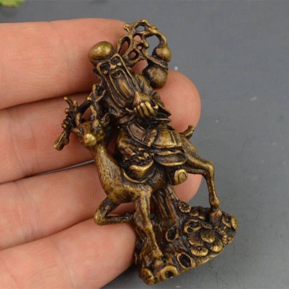 Hand-carved solid copper God of Longevity trinket, detailed bronze figurine for watch display.