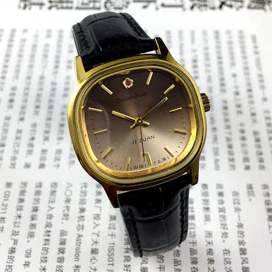 Shanghai 34mm manual mechanical watch with golden nails, brown dial, square case, 17 jewels.