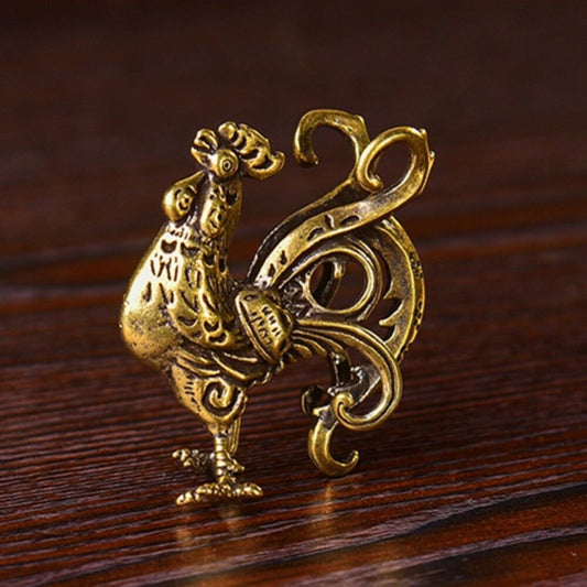 Solid copper golden rooster figurine, vintage hand-carved bronze model. Detailed craftsmanship for collectors.