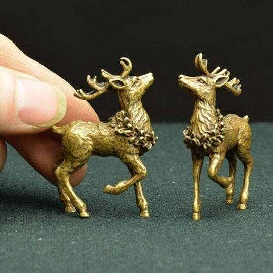 1. Hand-carved Copper Sika Deer figurines, male and female, detailed bronze trinket.