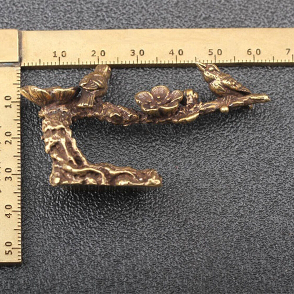 Magpie hand-carved solid copper blooming flower figurine, detailed bronze trinket for elegant decor.