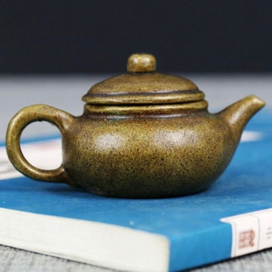 Solid copper teapot figurine with lid, vintage hand-carved bronze model for decor.