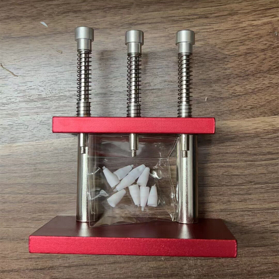 Aluminum watch hand press set with 3 heads and 7 dies for precise fitting.