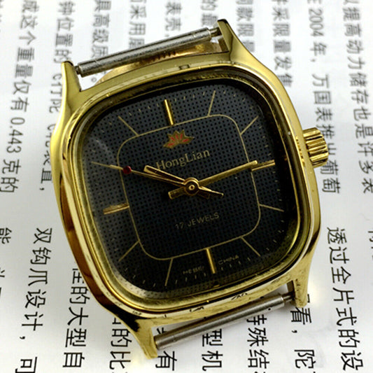 34mm HONGLIAN manual mechanical watch with black dial, golden nails, and square golden case for elegant style