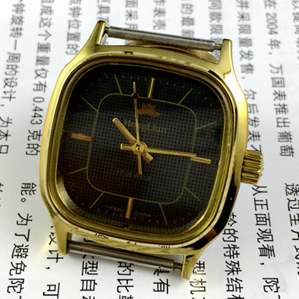 34mm HONGLIAN Manual Mechanical Watch Black Dial Golden Nail Square Golden Case