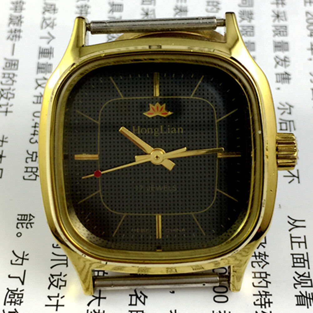 34mm HONGLIAN Manual Mechanical Watch Black Dial Golden Nail Square Golden Case