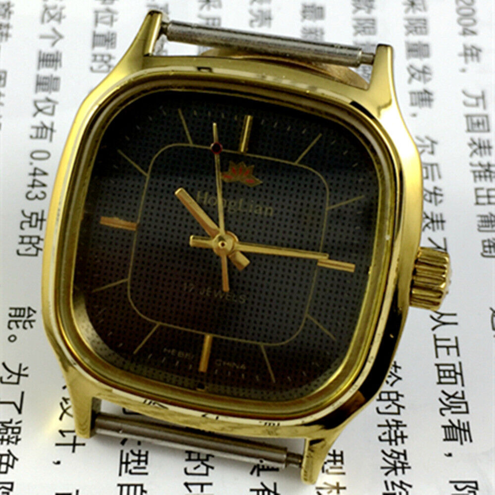 34mm HONGLIAN Manual Mechanical Watch Black Dial Golden Nail Square Golden Case