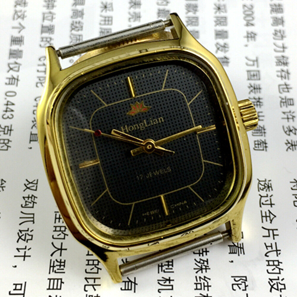 34mm HONGLIAN Manual Mechanical Watch Black Dial Golden Nail Square Golden Case