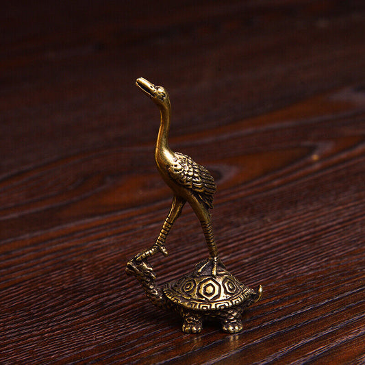 Solid copper turtle and crane trinkets, vintage hand-carved bronze figurines showcasing intricate craftsmanship.
