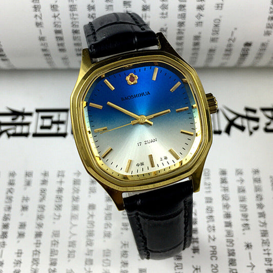 33mm Shanghai manual mechanical watch with blue dial, golden nails, square case, and 17 jewels.