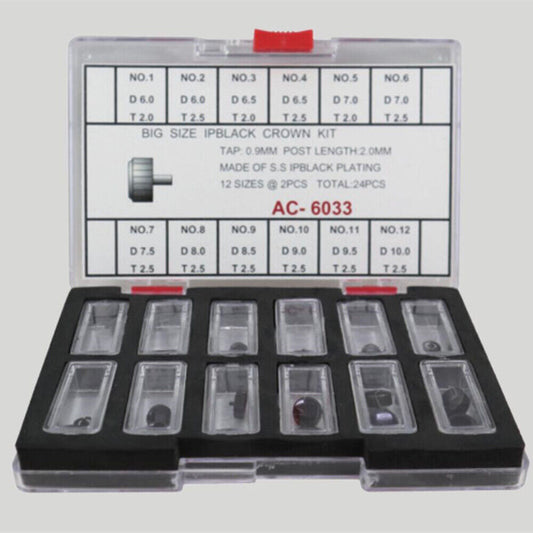 Big size stainless steel black watch crowns assortment kit, 24pcs for watch repairs and customization