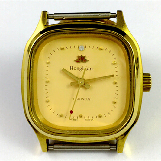 HONGLIAN manual mechanical watch with golden nail markers, square golden case, and yellow dial for elegant wear.