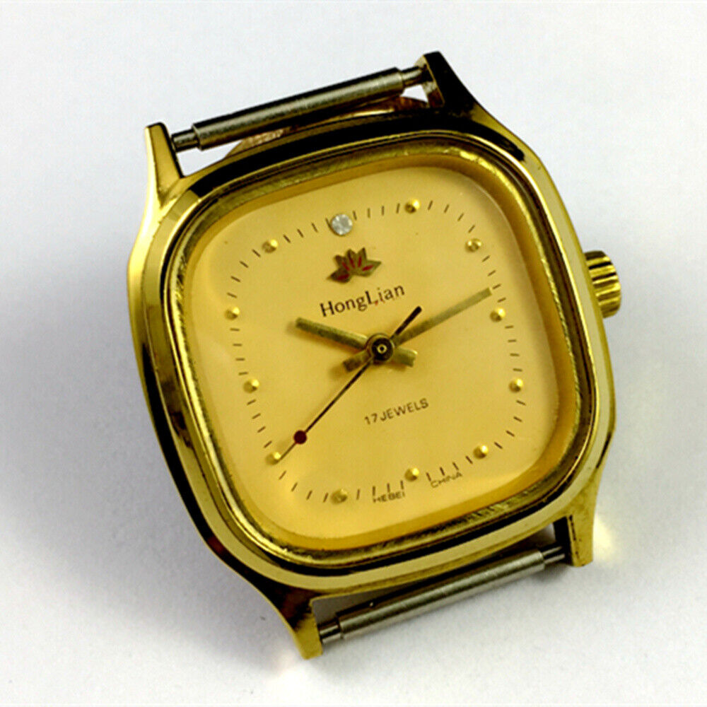 HONGLIAN manual mechanical watch with golden nail markers, square golden case, and yellow dial for elegant wear.
