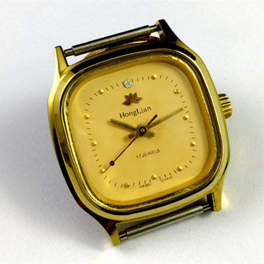 HONGLIAN manual mechanical watch with golden nail markers, square golden case, and yellow dial for elegant wear.