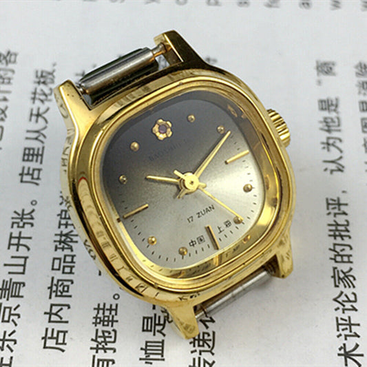 Golden 23mm Shanghai Lady Watch with Square Case and 17 Jewels, manual mechanical movement