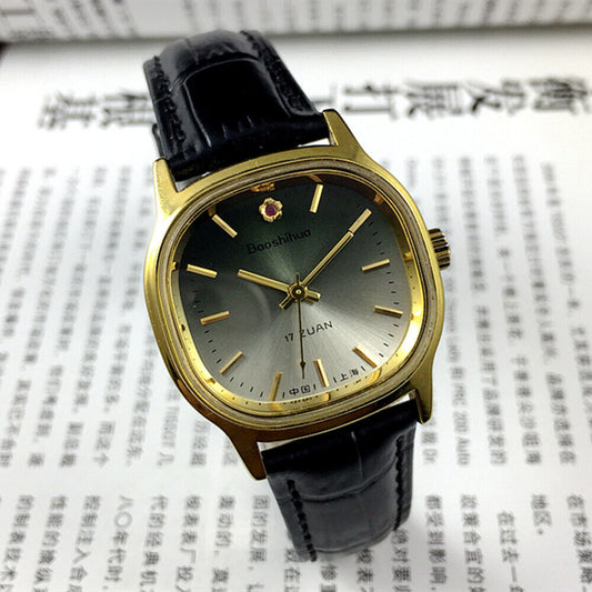 34mm Shanghai Manual Mechanical Watch with golden nails and green dial, round case, 17 jewels craftsmanship
