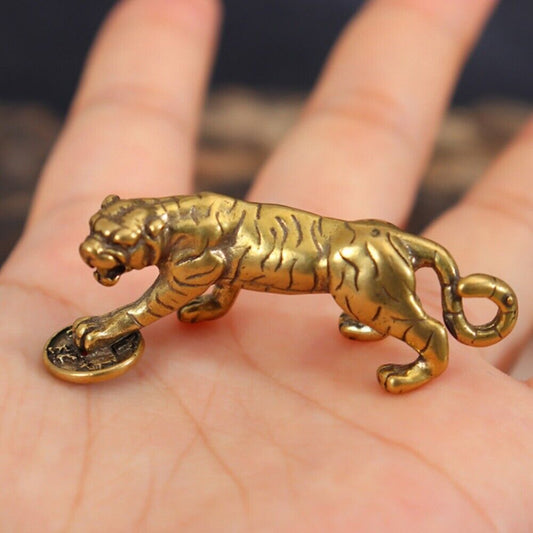 Hand carved solid copper tiger trinket by BronzeCraft, detailed collectible figurine for home decor.