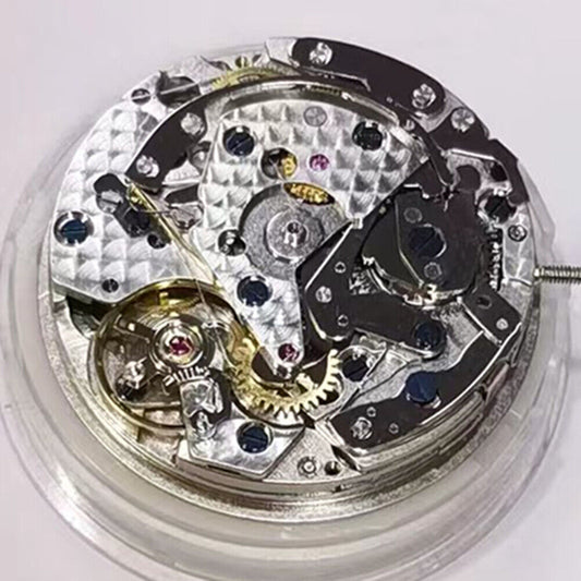 China Made 7750 black mechanical watch movement with single calendar, small seconds at 3, 6, and 9 o'clock positions.