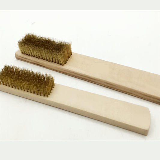 Copper wire brush with wooden handle for rust removal and metal cleaning, ideal for jewelry making tools.
