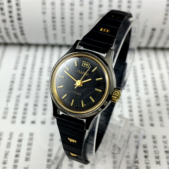 23mm HAIDA Manual Mechanical Lady Watch Golden Nail 17 Jews Black Dial 3 Hands