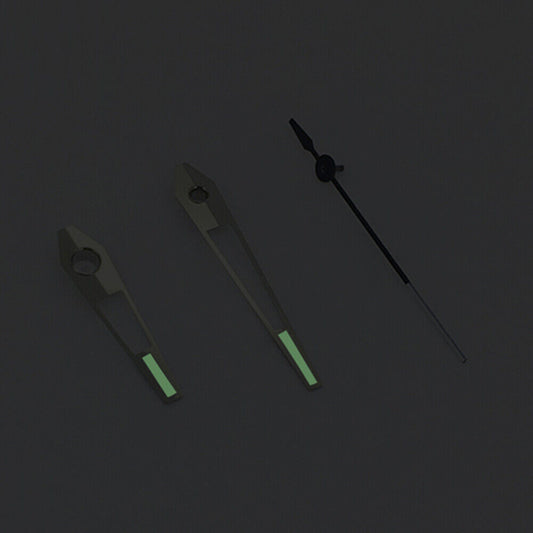 Green luminous watch hands with silver trim, compatible with China Made 8215/2813 Miyota 8N24 movements, enhancing readability.