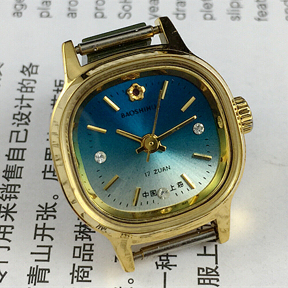 Manual Mechanical Lady Watch Golden Nail Square Case Gradient Blue Dial 3 Hands