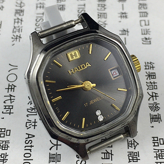 HAIDA 24mm black dial lady watch with octagonal case, manual mechanical movement, 17 jewels for precision.