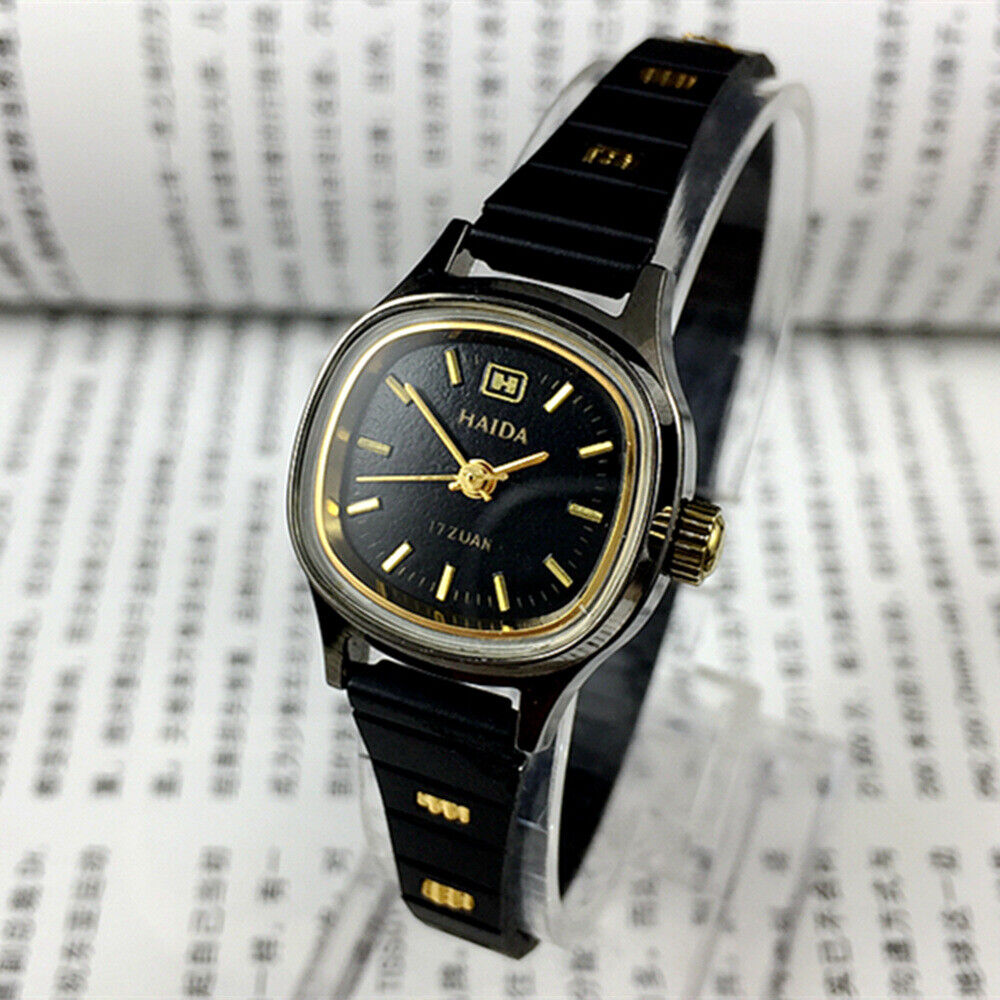 23mm HAIDA Manual Mechanical Lady Watch Golden Nail 17 Jews Black Dial 3 Hands