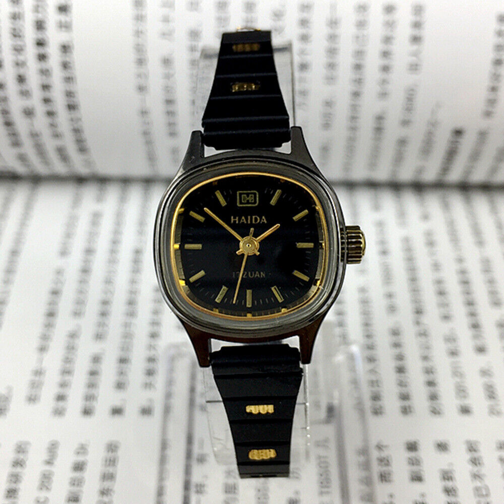 23mm HAIDA Manual Mechanical Lady Watch Golden Nail 17 Jews Black Dial 3 Hands